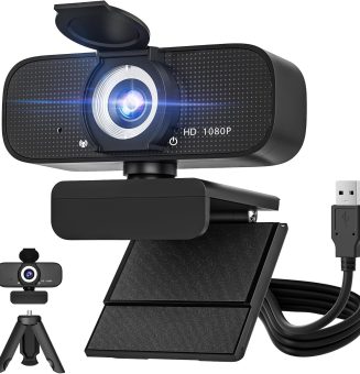1080P Full HD Webcam with Built-in Microphone and Rotatable Tripod, Privacy Cover, for Desktop PC or Laptop Computer