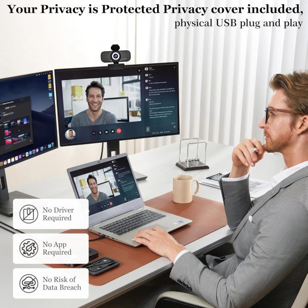 1080P Full HD Webcam with Built-in Microphone and Rotatable Tripod, Privacy Cover, for Desktop PC or Laptop Computer - Image 4
