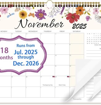 Calendar 2025-2026, Monthly Desk Calendar from July 2025 to December 2026, 17" x 12", Large Desktop Calendar Monthly, Perfect for Home or Office, Floral (Wall(17" x 12"))