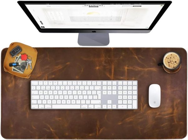 Elizo Real Leather Desk Mat Set (32x16) Large Desk Cover Desk Blotter Protector Computer Gaming Mouse Pad Table Laptop Office Desktop Accessories