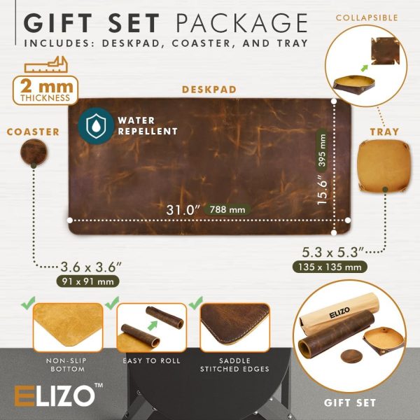 Elizo Real Leather Desk Mat Set (32x16) Large Desk Cover Desk Blotter Protector Computer Gaming Mouse Pad Table Laptop Office Desktop Accessories - Image 2