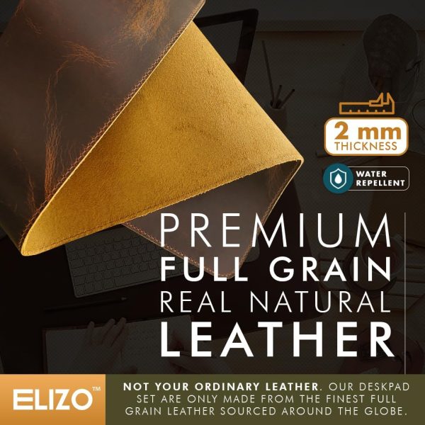 Elizo Real Leather Desk Mat Set (32x16) Large Desk Cover Desk Blotter Protector Computer Gaming Mouse Pad Table Laptop Office Desktop Accessories - Image 3