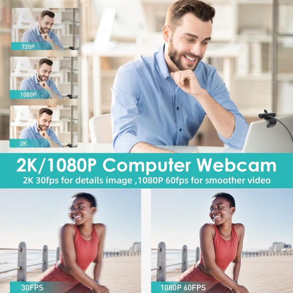 saylas 2K Webcam, FHD Streaming Camera with 2K/30fps, 1080P/60fps, Autofocus, Dual Noise-Cancelling Microphones, Privacy Cover and Tripod, for Computer/Zoom/Skype/Teams/Laptop/MacBook/Windows - Image 2
